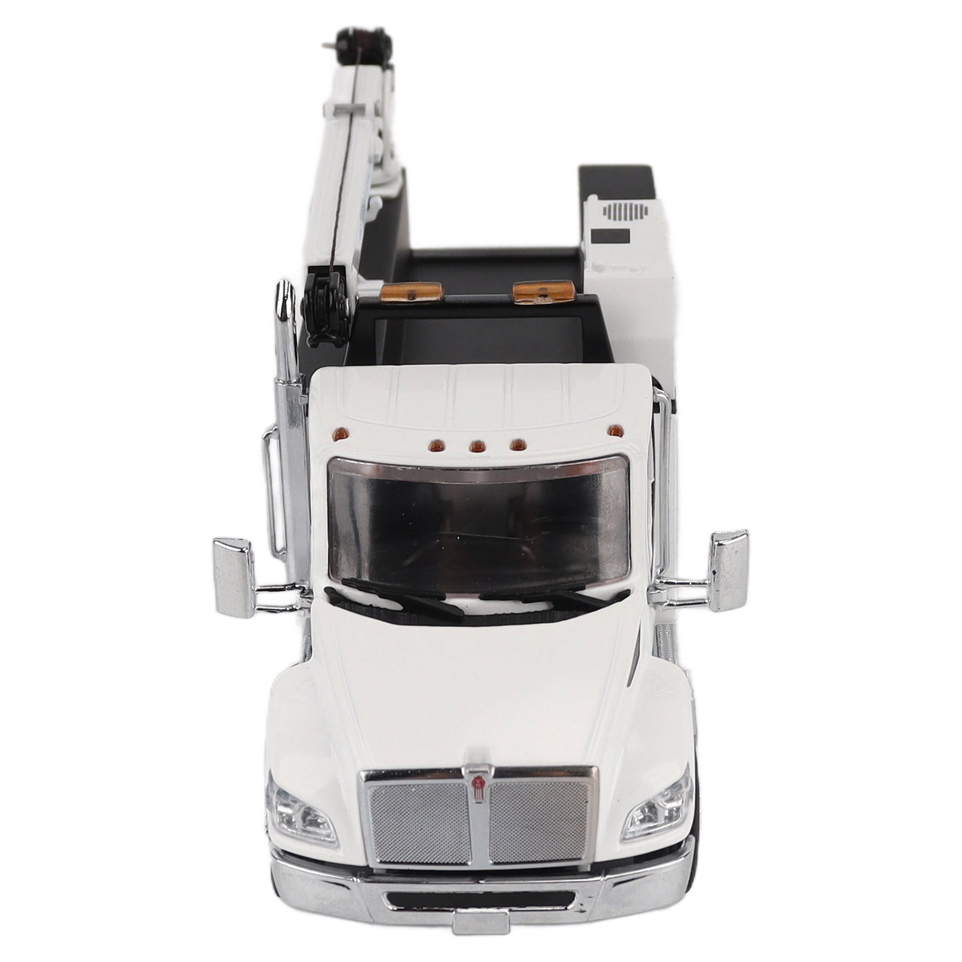 Model of a white Kenworth T380 Auto-Crane Titan85-Body HC14-Crane Work Truck with Miller EnPak A60 Air Compressor on a white background