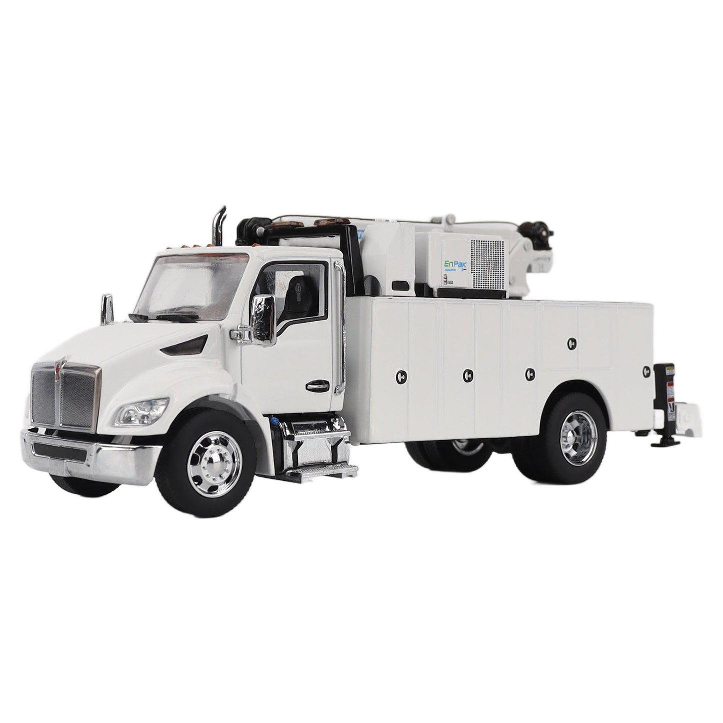 Model of a white Kenworth T380 Auto-Crane Titan85-Body HC14-Crane Work Truck with Miller EnPak A60 Air Compressor on a white background