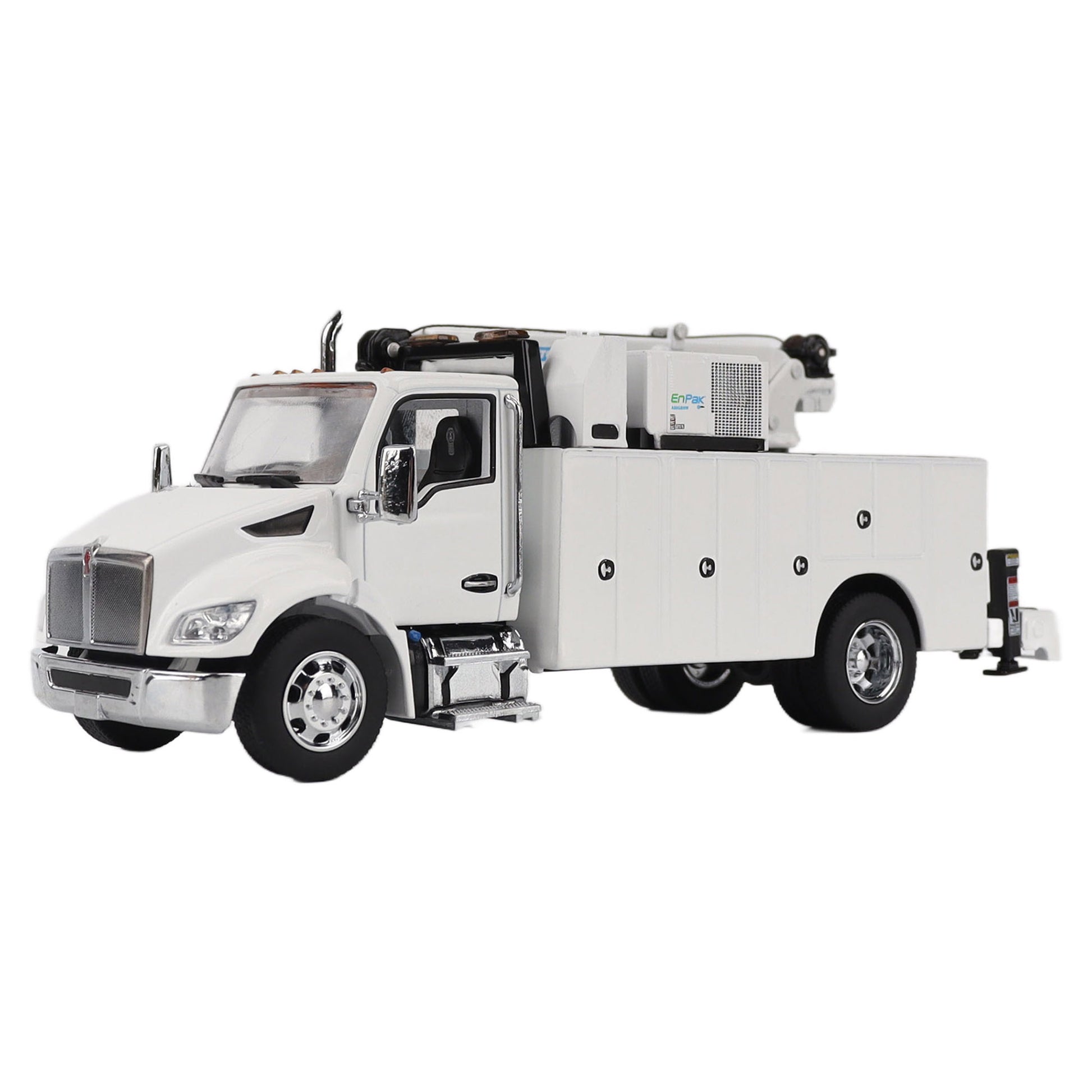 Model of a white Kenworth T380 Auto-Crane Titan85-Body HC14-Crane Work Truck with Miller EnPak A60 Air Compressor on a white background