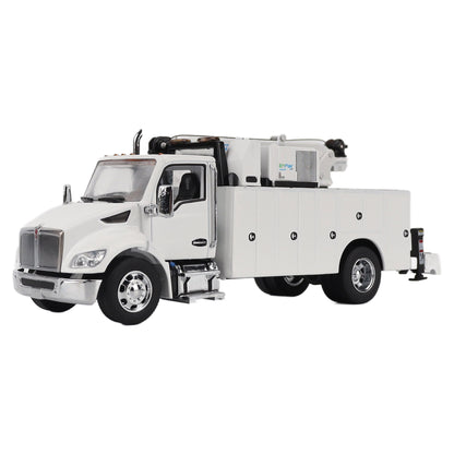Model of a white Kenworth T380 Auto-Crane Titan85-Body HC14-Crane Work Truck with Miller EnPak A60 Air Compressor on a white background