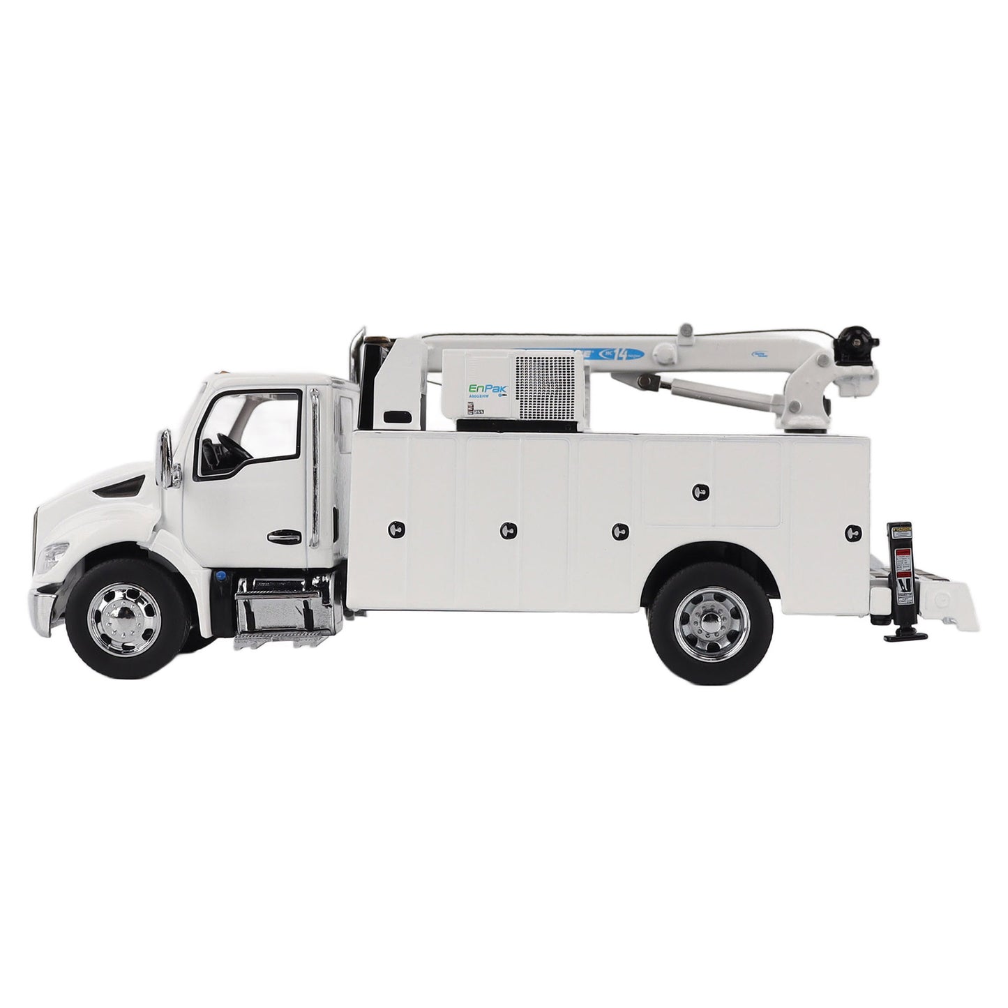 Model of a white Kenworth T380 Auto-Crane Titan85-Body HC14-Crane Work Truck with Miller EnPak A60 Air Compressor on a white background