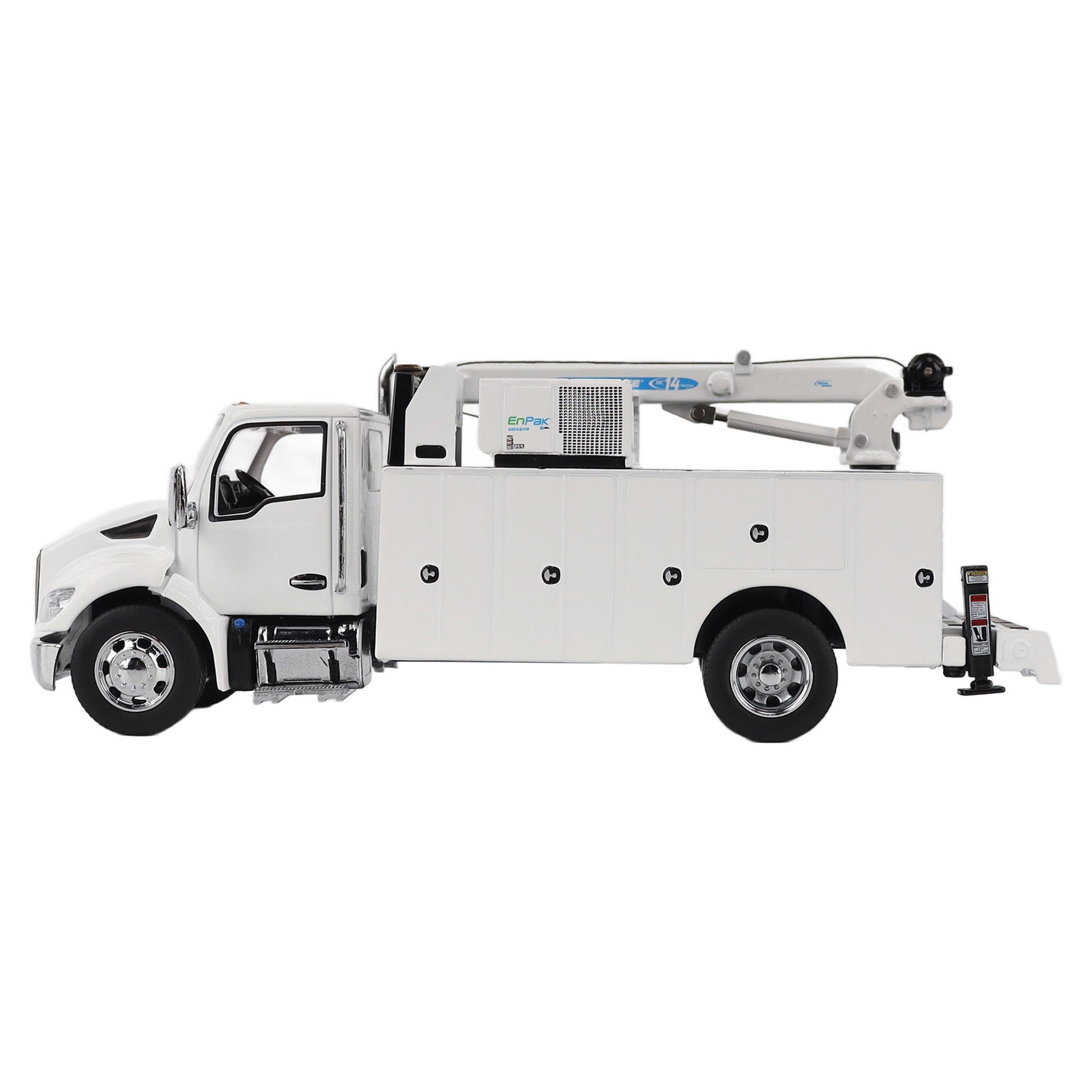 Model of a white Kenworth T380 Auto-Crane Titan85-Body HC14-Crane Work Truck with Miller EnPak A60 Air Compressor on a white background