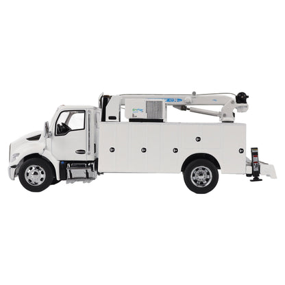 Model of a white Kenworth T380 Auto-Crane Titan85-Body HC14-Crane Work Truck with Miller EnPak A60 Air Compressor on a white background