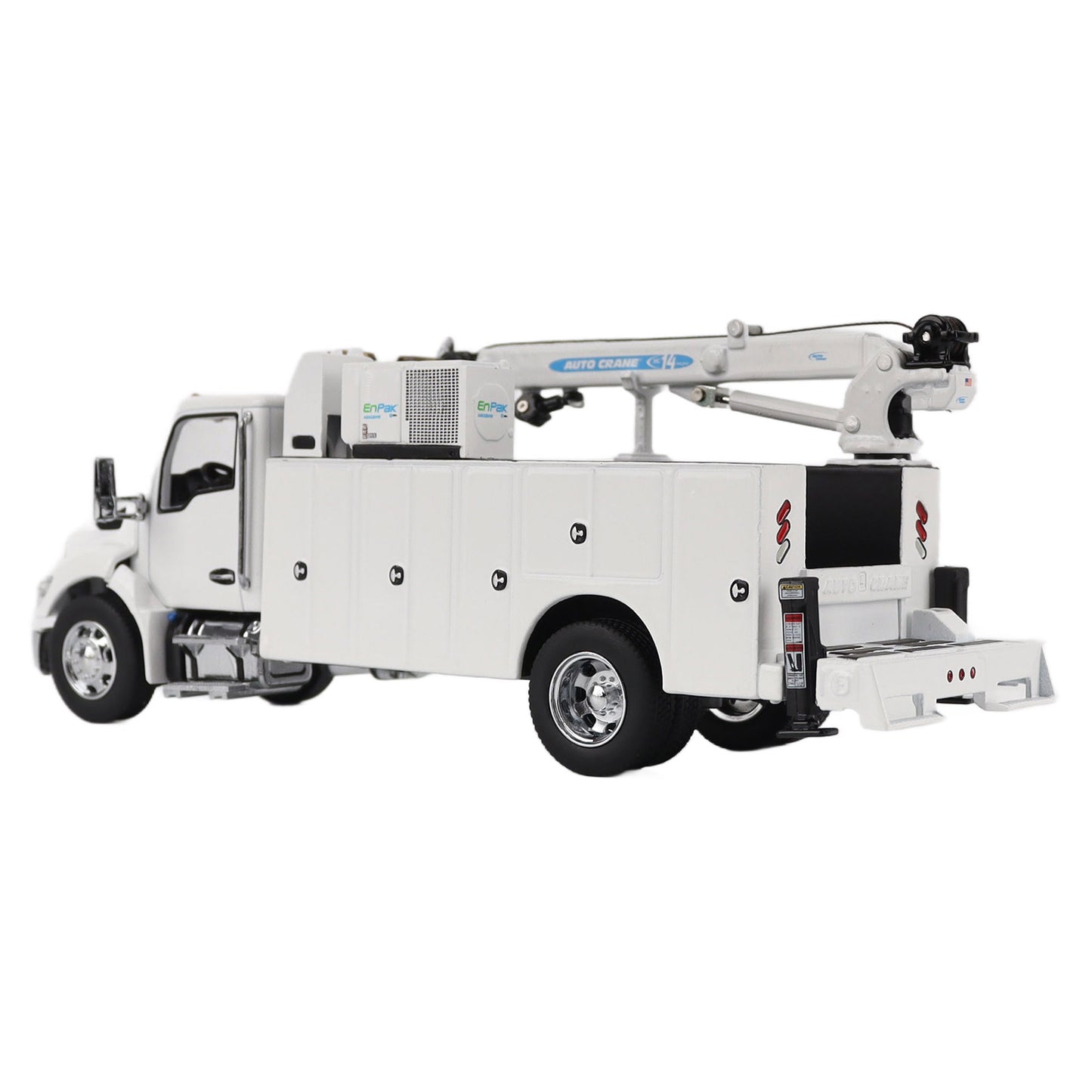 Model of a white Kenworth T380 Auto-Crane Titan85-Body HC14-Crane Work Truck with Miller EnPak A60 Air Compressor on a white background