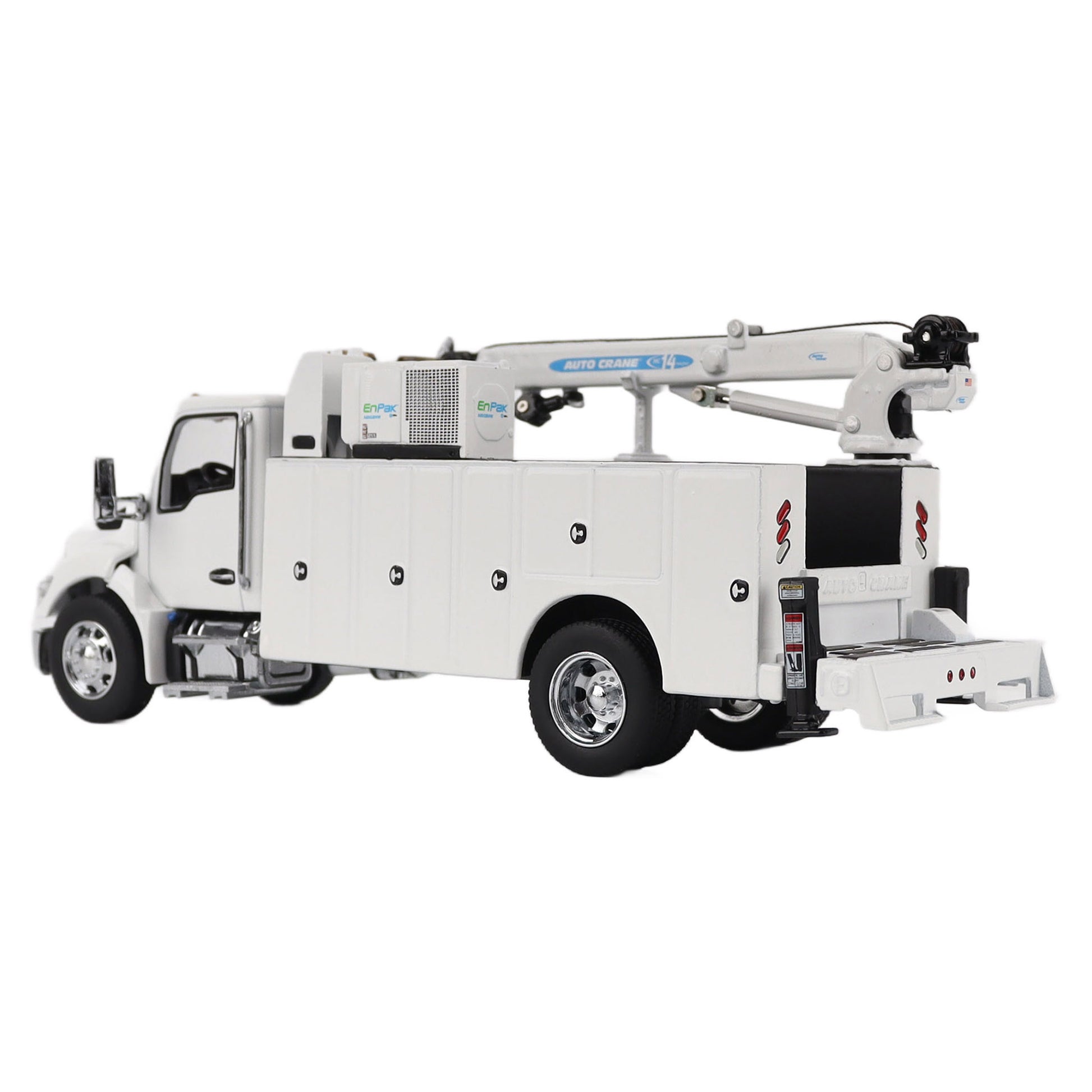 Model of a white Kenworth T380 Auto-Crane Titan85-Body HC14-Crane Work Truck with Miller EnPak A60 Air Compressor on a white background