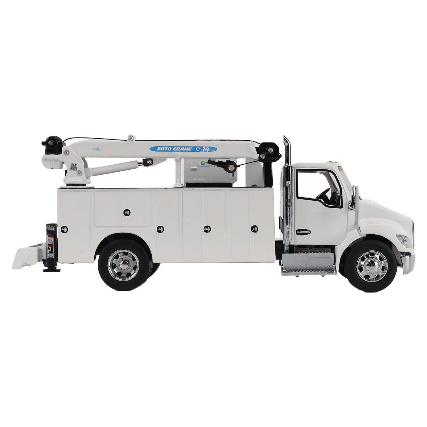 Model of a white Kenworth T380 Auto-Crane Titan85-Body HC14-Crane Work Truck with Miller EnPak A60 Air Compressor on a white background