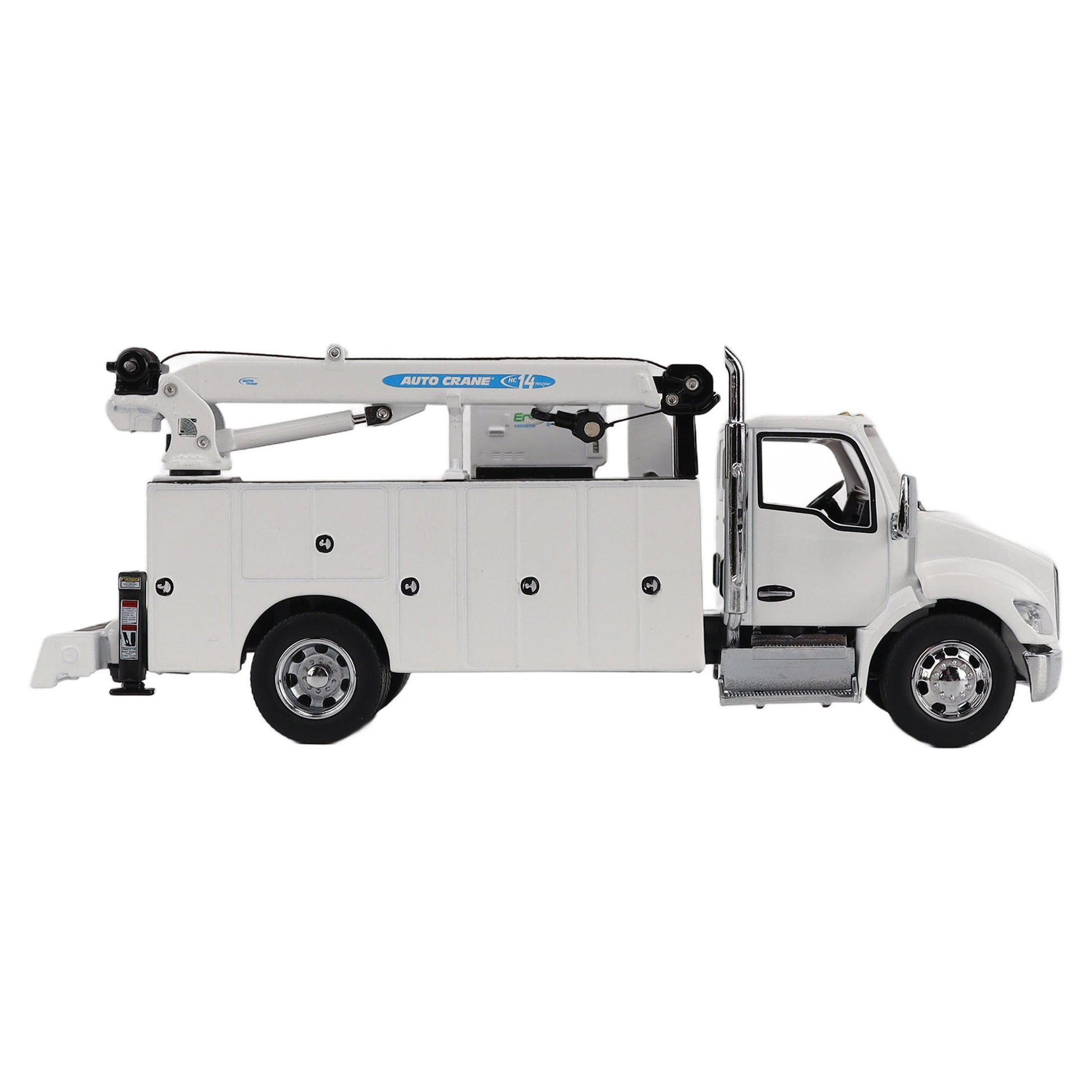 Model of a white Kenworth T380 Auto-Crane Titan85-Body HC14-Crane Work Truck with Miller EnPak A60 Air Compressor on a white background