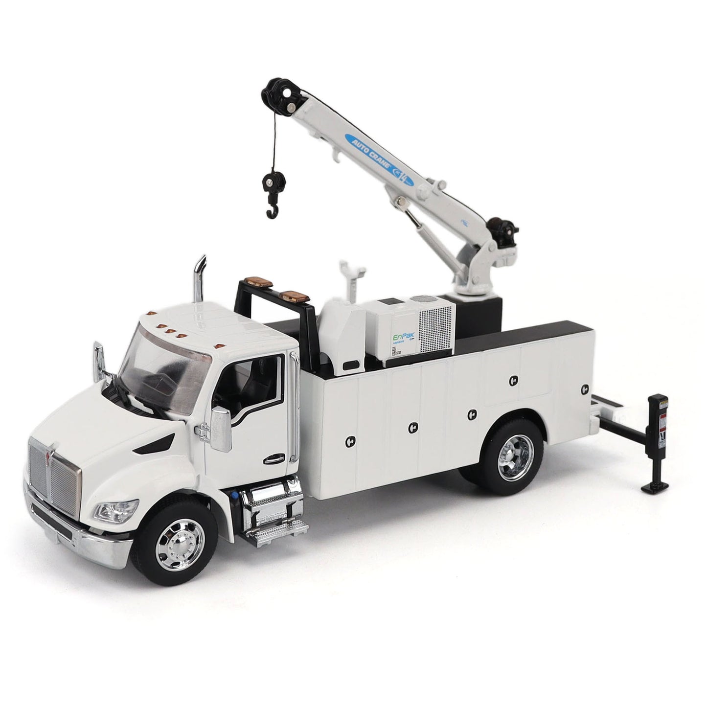 Model of a white Kenworth T380 Auto-Crane Titan85-Body HC14-Crane Work Truck with Miller EnPak A60 Air Compressor on a white background