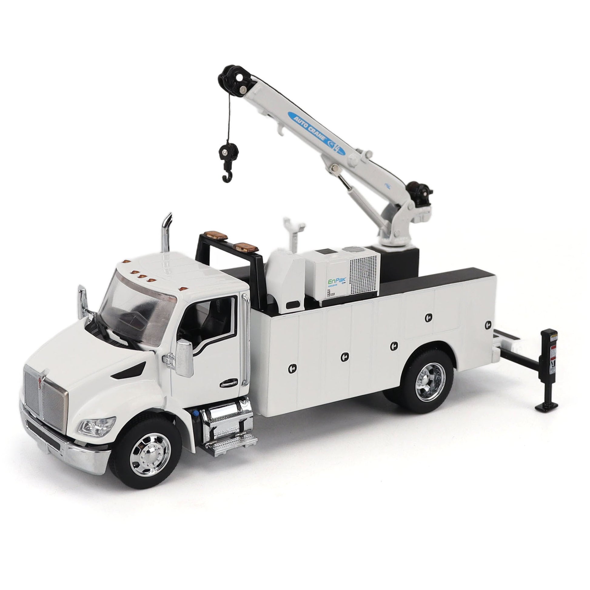 Model of a white Kenworth T380 Auto-Crane Titan85-Body HC14-Crane Work Truck with Miller EnPak A60 Air Compressor on a white background