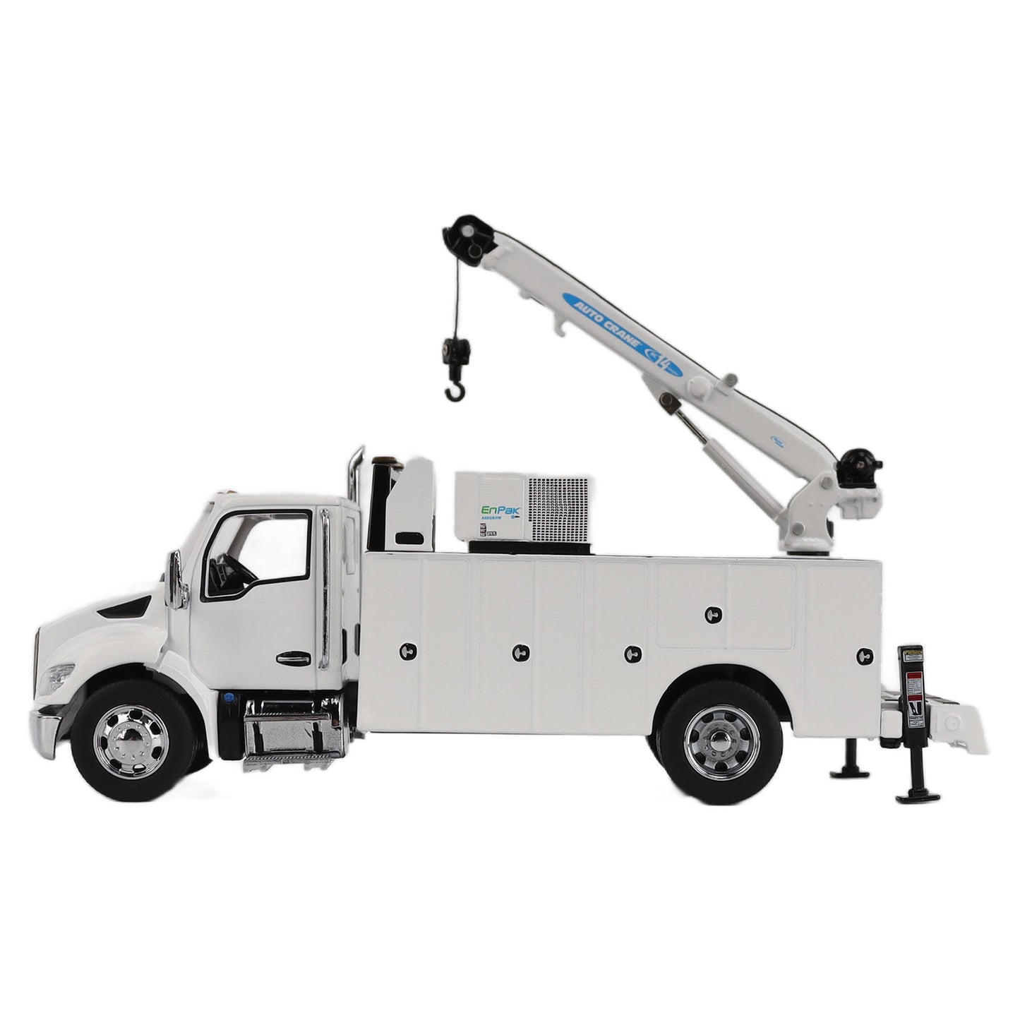 Model of a white Kenworth T380 Auto-Crane Titan85-Body HC14-Crane Work Truck with Miller EnPak A60 Air Compressor on a white background