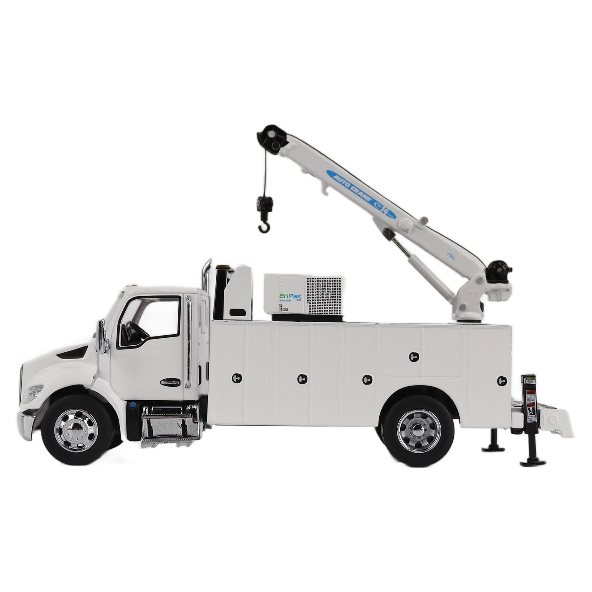 Model of a white Kenworth T380 Auto-Crane Titan85-Body HC14-Crane Work Truck with Miller EnPak A60 Air Compressor on a white background