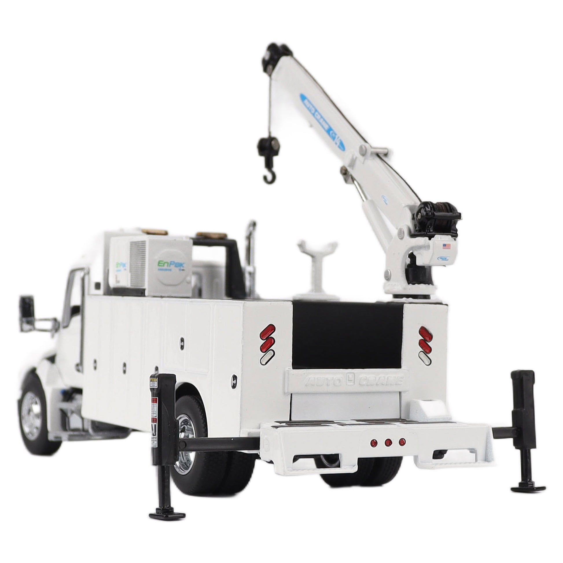 Model of a white Kenworth T380 Auto-Crane Titan85-Body HC14-Crane Work Truck with Miller EnPak A60 Air Compressor on a white background