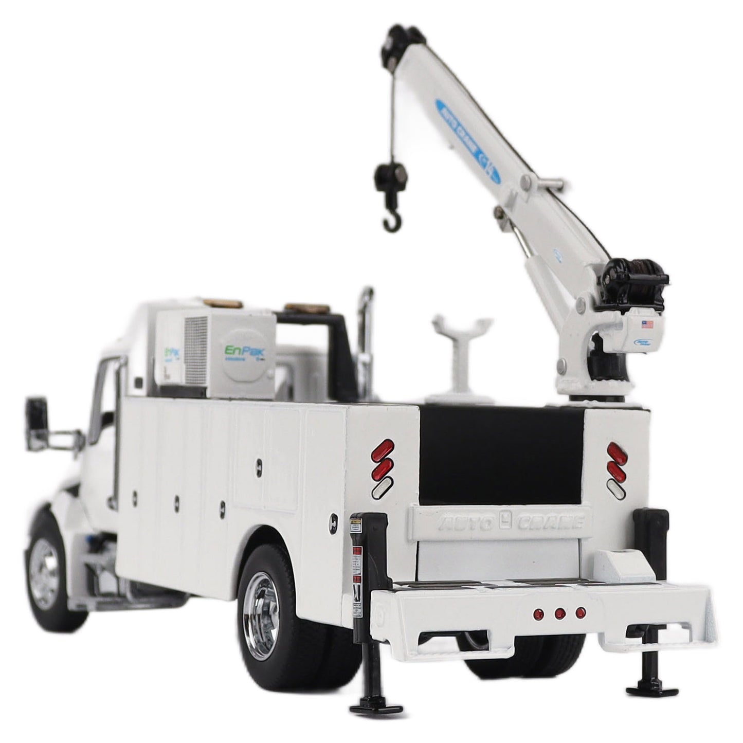 Model of a white Kenworth T380 Auto-Crane Titan85-Body HC14-Crane Work Truck with Miller EnPak A60 Air Compressor on a white background