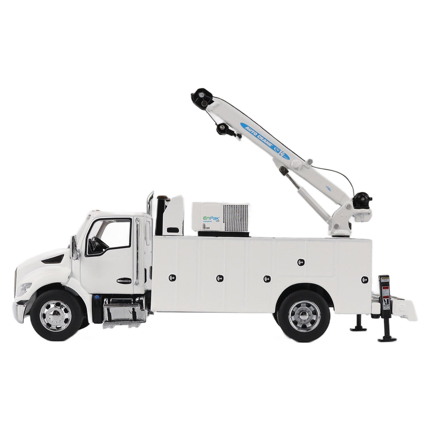 Model of a white Kenworth T380 Auto-Crane Titan85-Body HC14-Crane Work Truck with Miller EnPak A60 Air Compressor on a white background