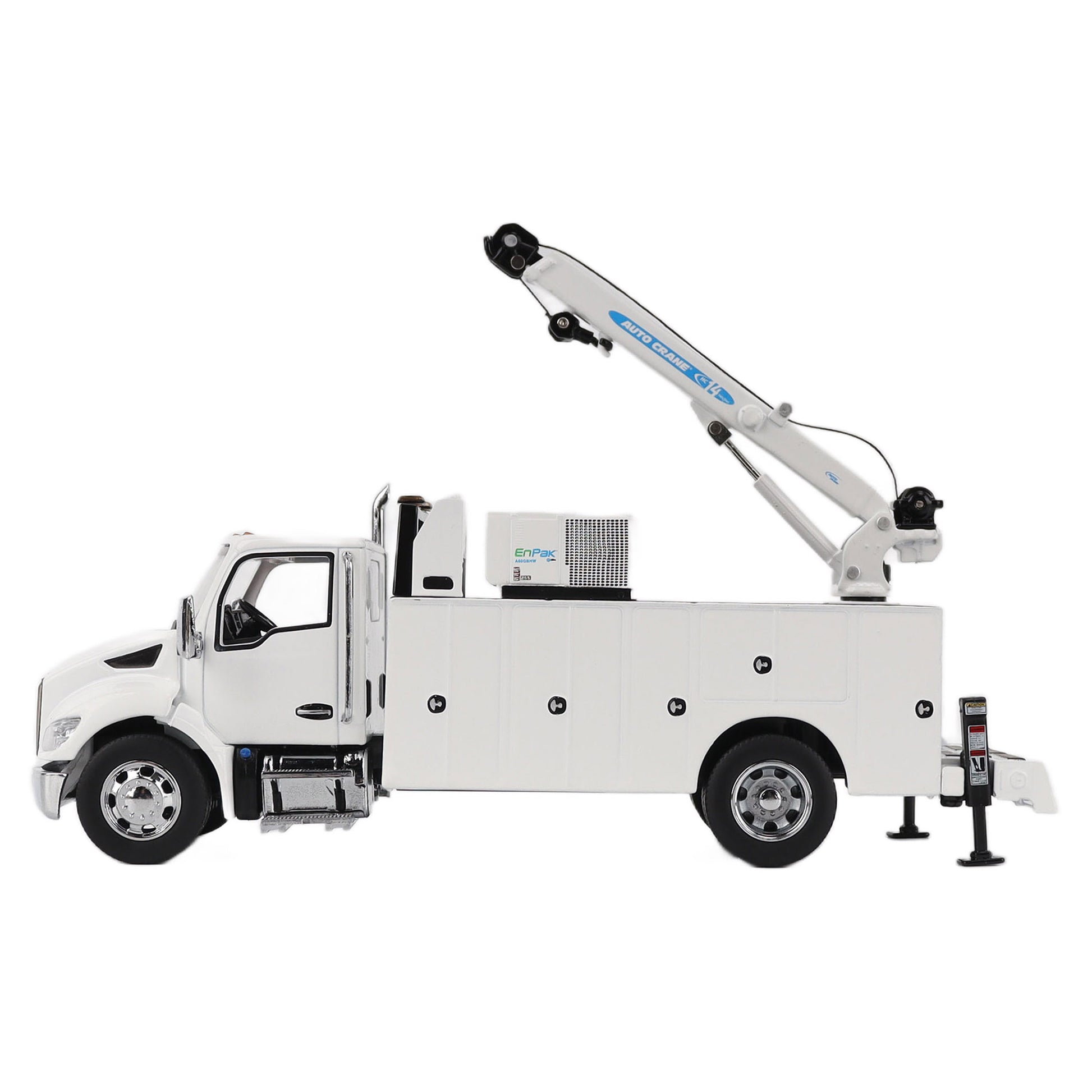 Model of a white Kenworth T380 Auto-Crane Titan85-Body HC14-Crane Work Truck with Miller EnPak A60 Air Compressor on a white background