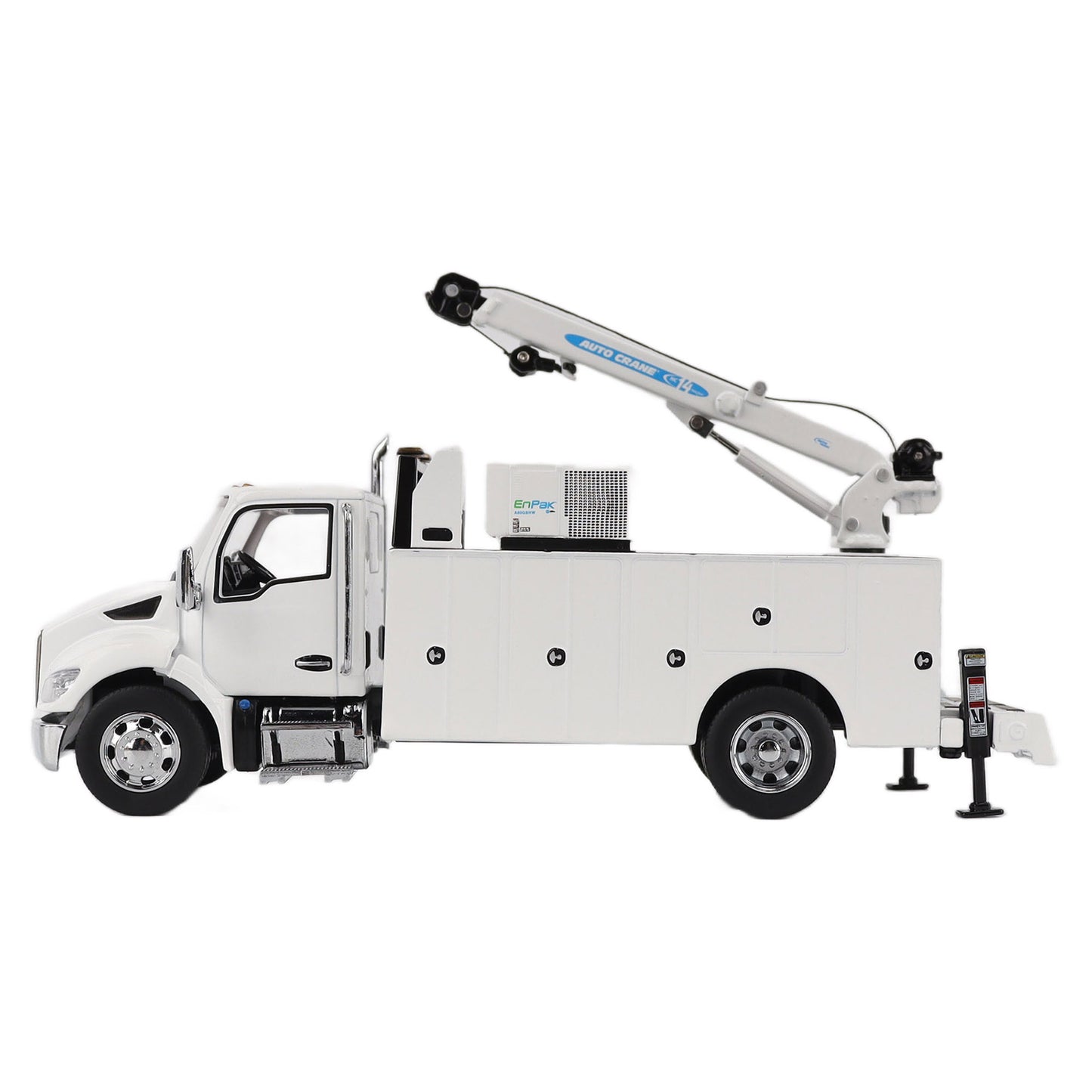 Model of a white Kenworth T380 Auto-Crane Titan85-Body HC14-Crane Work Truck with Miller EnPak A60 Air Compressor on a white background