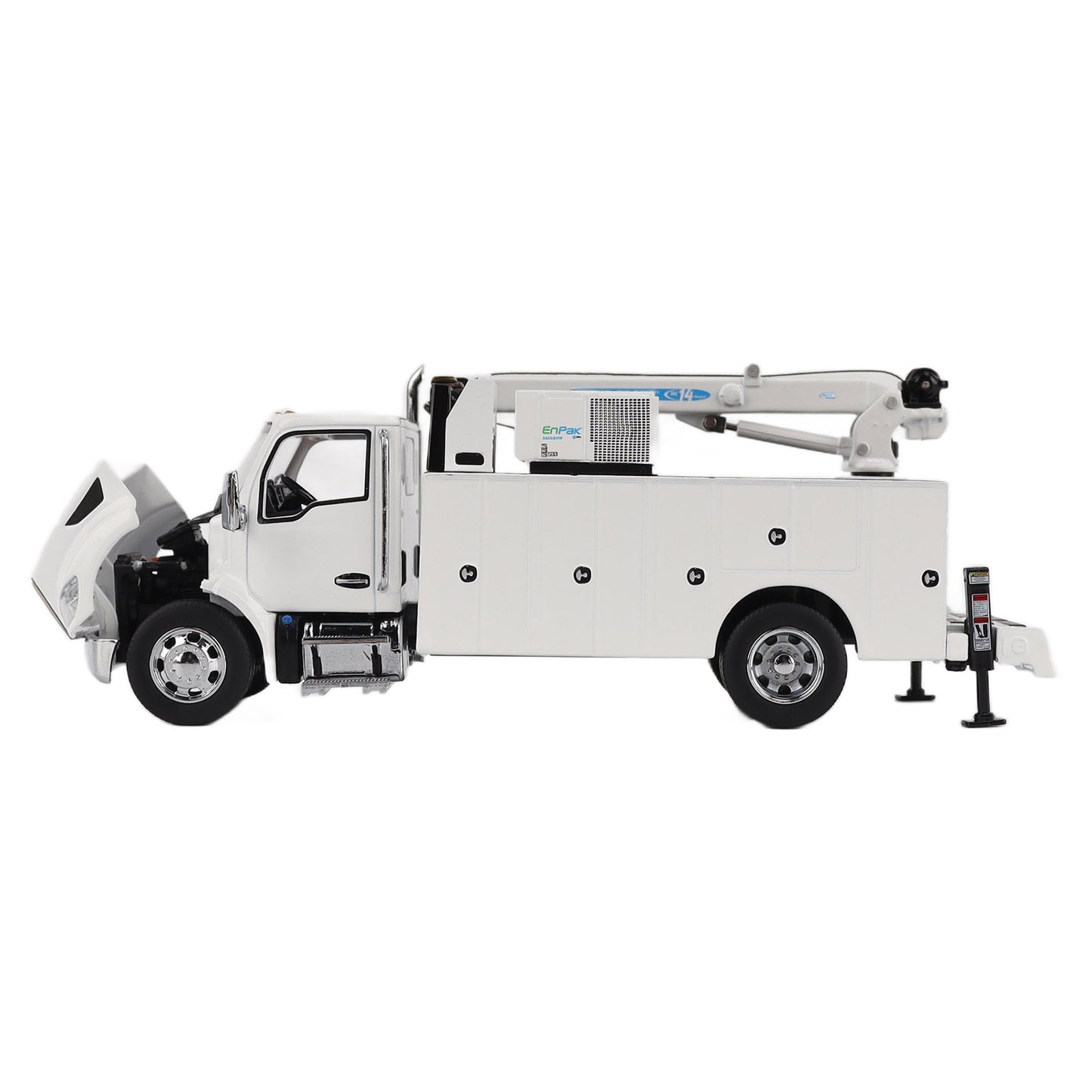 Model of a white Kenworth T380 Auto-Crane Titan85-Body HC14-Crane Work Truck with Miller EnPak A60 Air Compressor on a white background