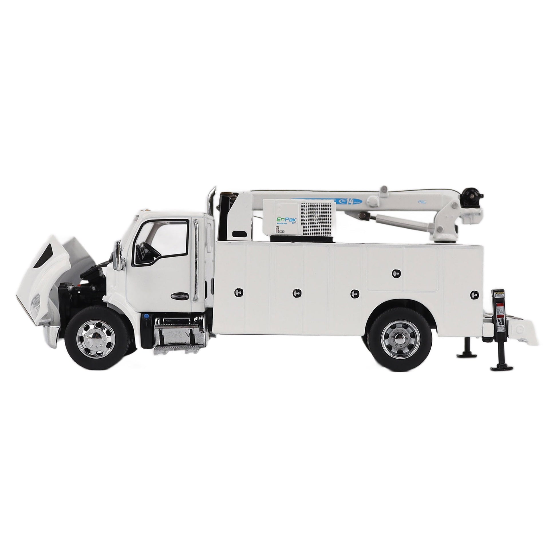 Model of a white Kenworth T380 Auto-Crane Titan85-Body HC14-Crane Work Truck with Miller EnPak A60 Air Compressor on a white background
