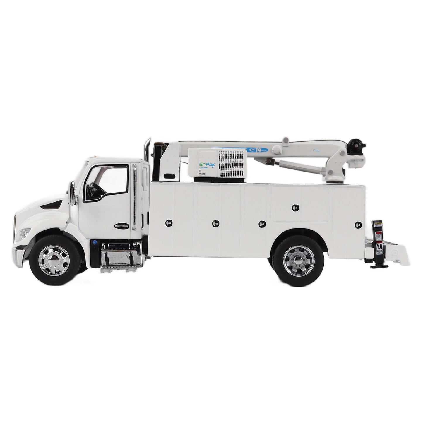 Model of a white Kenworth T380 Auto-Crane Titan85-Body HC14-Crane Work Truck with Miller EnPak A60 Air Compressor on a white background