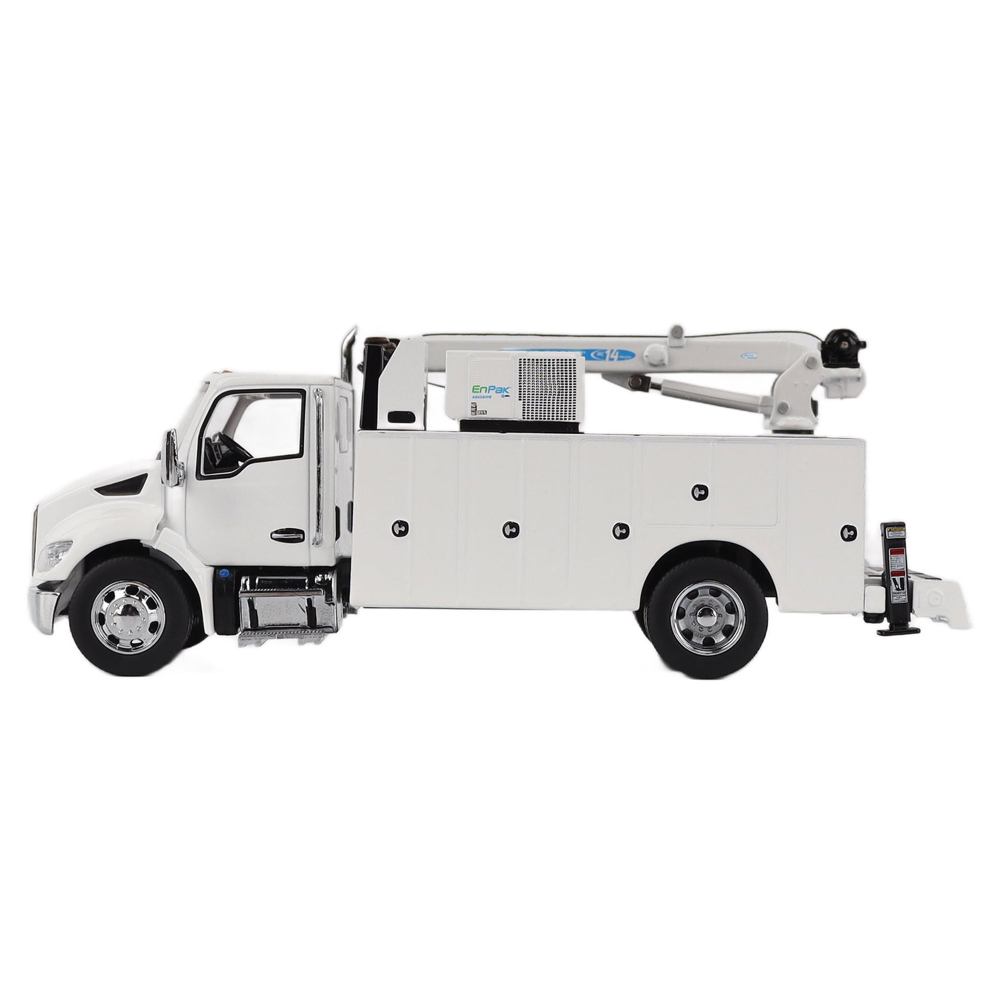 Model of a white Kenworth T380 Auto-Crane Titan85-Body HC14-Crane Work Truck with Miller EnPak A60 Air Compressor on a white background