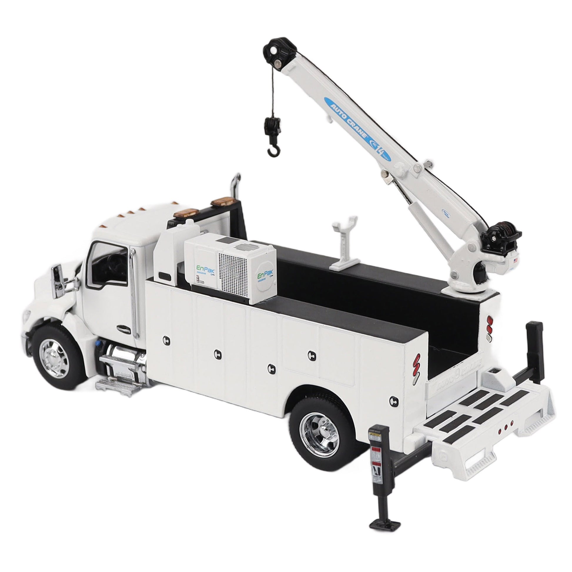 Model of a white Kenworth T380 Auto-Crane Titan85-Body HC14-Crane Work Truck with Miller EnPak A60 Air Compressor on a white background