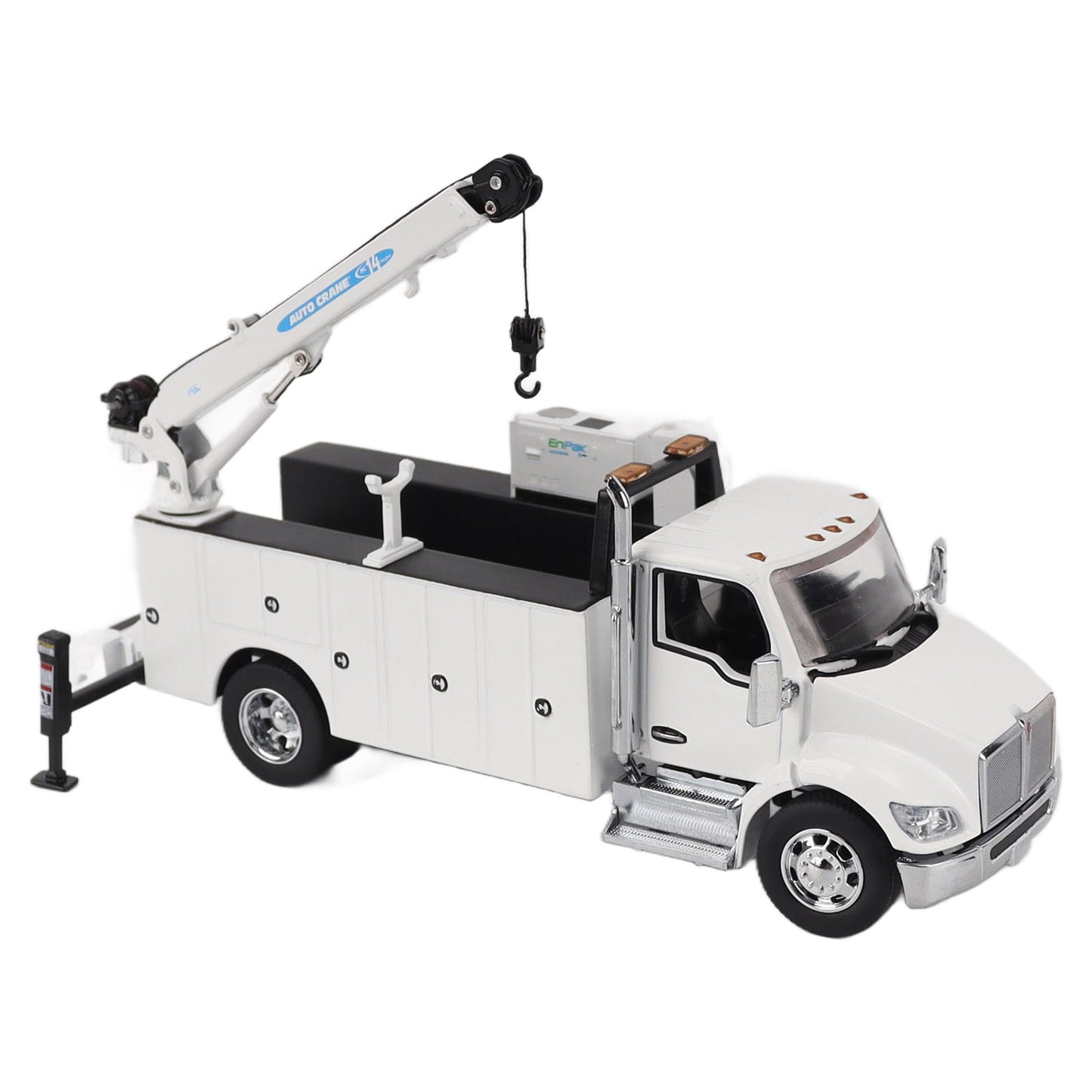 Model of a white Kenworth T380 Auto-Crane Titan85-Body HC14-Crane Work Truck with Miller EnPak A60 Air Compressor on a white background