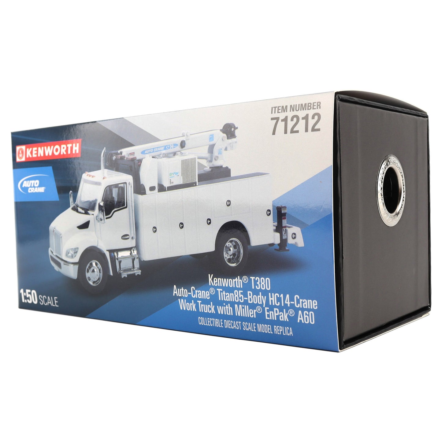 Kenworth T380 1:50 scale collectible die-cast model truck replica in its original packaging, featuring a white utility body with a crane boom.