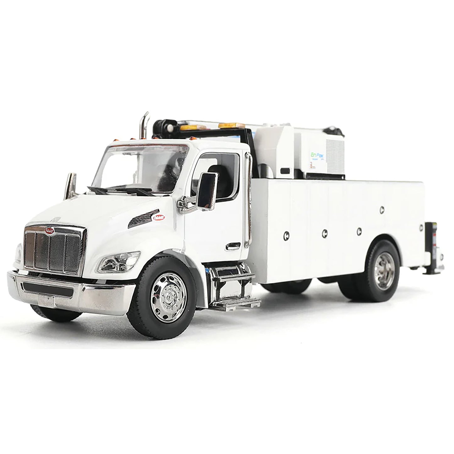 A White Diecast Model of a Peterbilt Model 536 Service Truck on a White Background