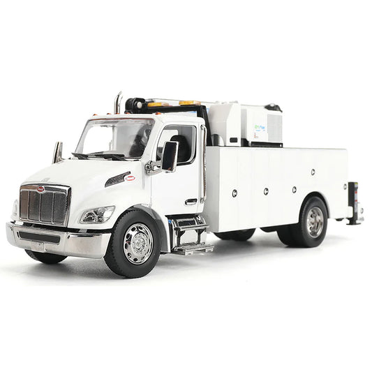 A White Diecast Model of a Peterbilt Model 536 Service Truck on a White Background