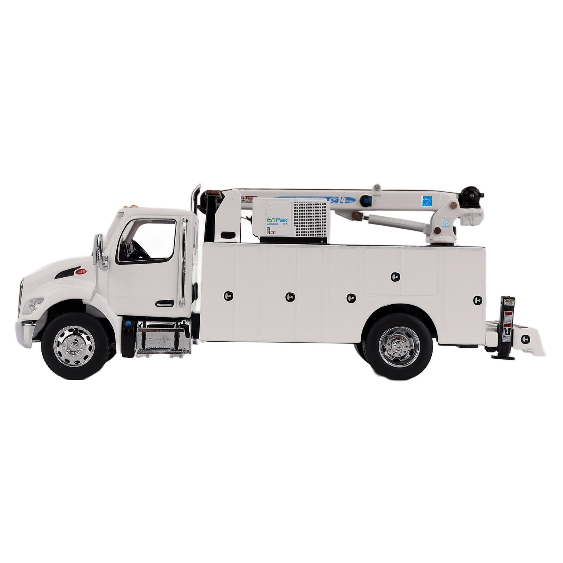 A White Diecast Model of a Peterbilt Model 536 Service Truck on a White Background
