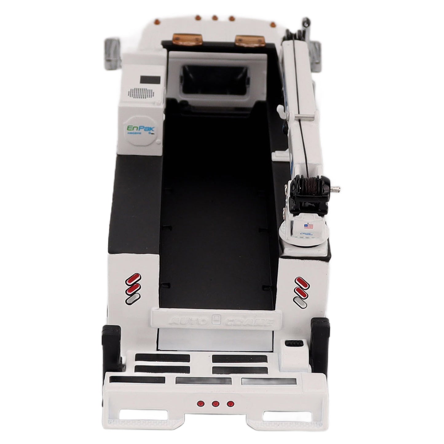 A White Diecast Model of a Peterbilt Model 536 Service Truck on a White Background