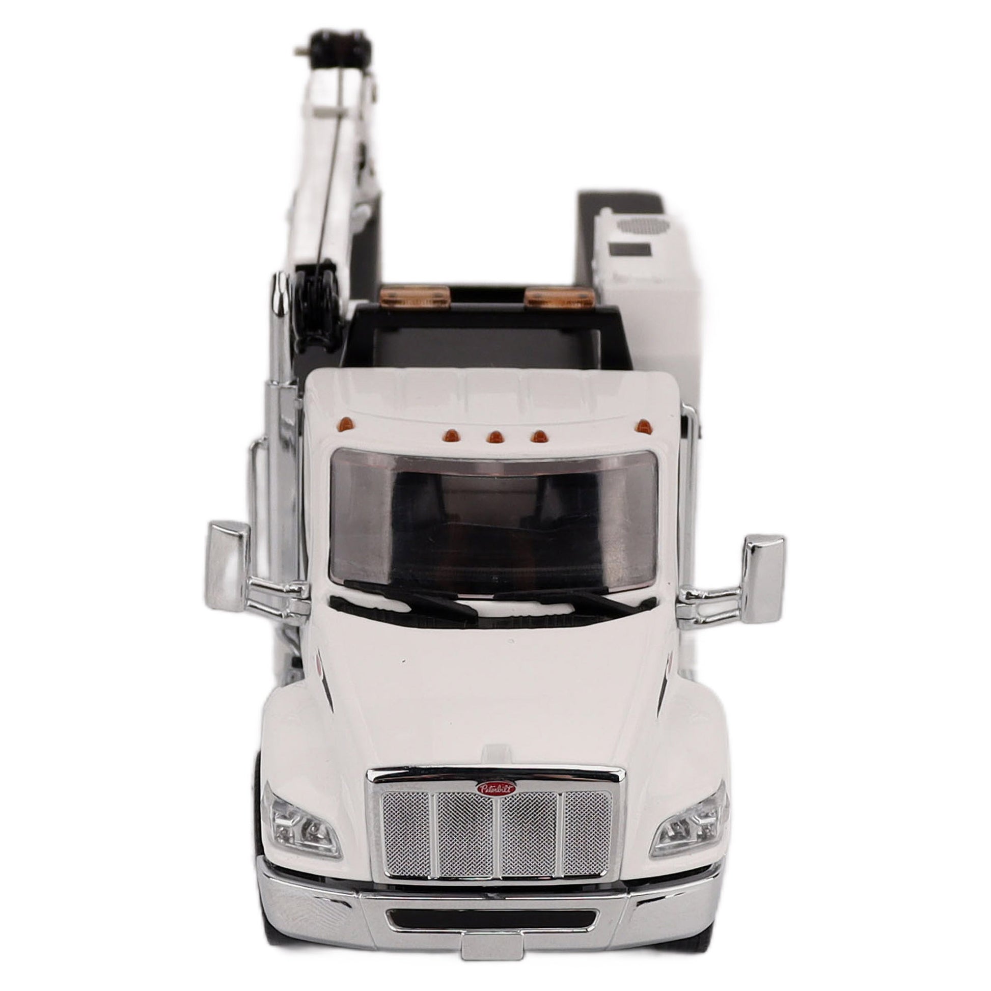 A White Diecast Model of a Peterbilt Model 536 Service Truck on a White Background