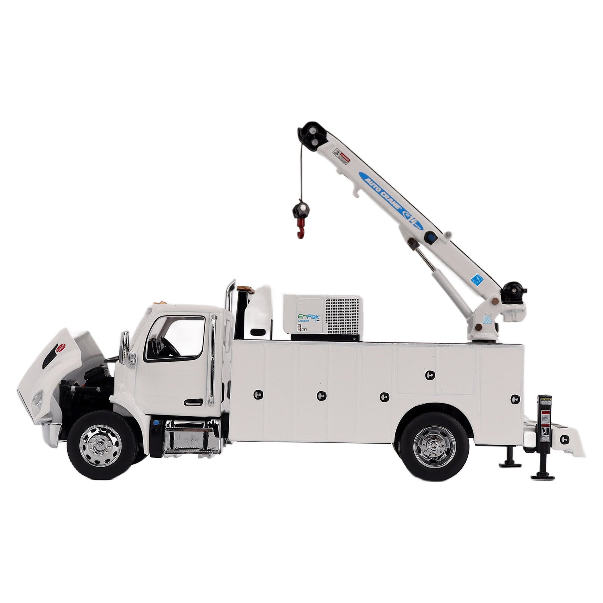 A White Diecast Model of a Peterbilt Model 536 Service Truck on a White Background