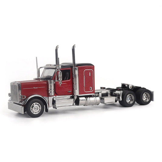 A Model of a Red & Black Peterbilt 589 Sleeper Tractor on a White Background