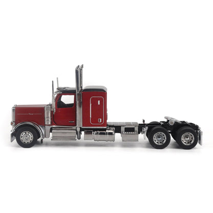 A Model of a Red & Black Peterbilt 589 Sleeper Tractor on a White Background