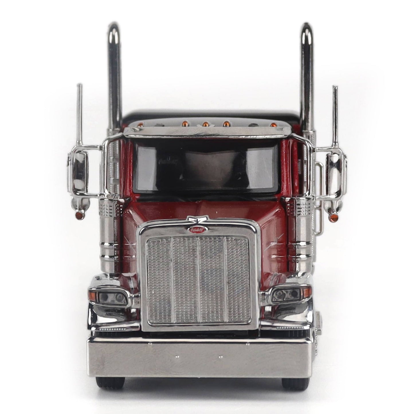 A Model of a Red & Black Peterbilt 589 Sleeper Tractor on a White Background