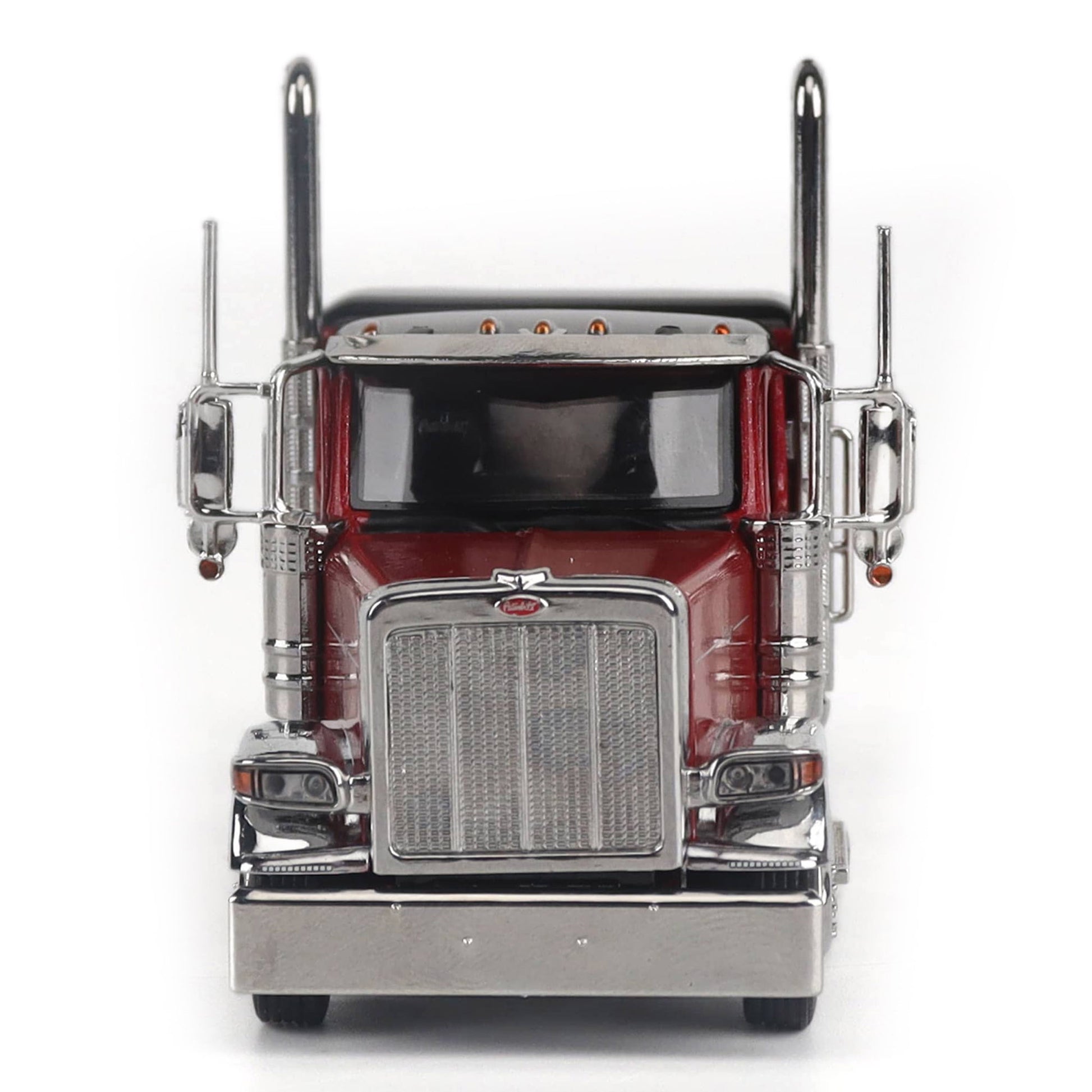 A Model of a Red & Black Peterbilt 589 Sleeper Tractor on a White Background