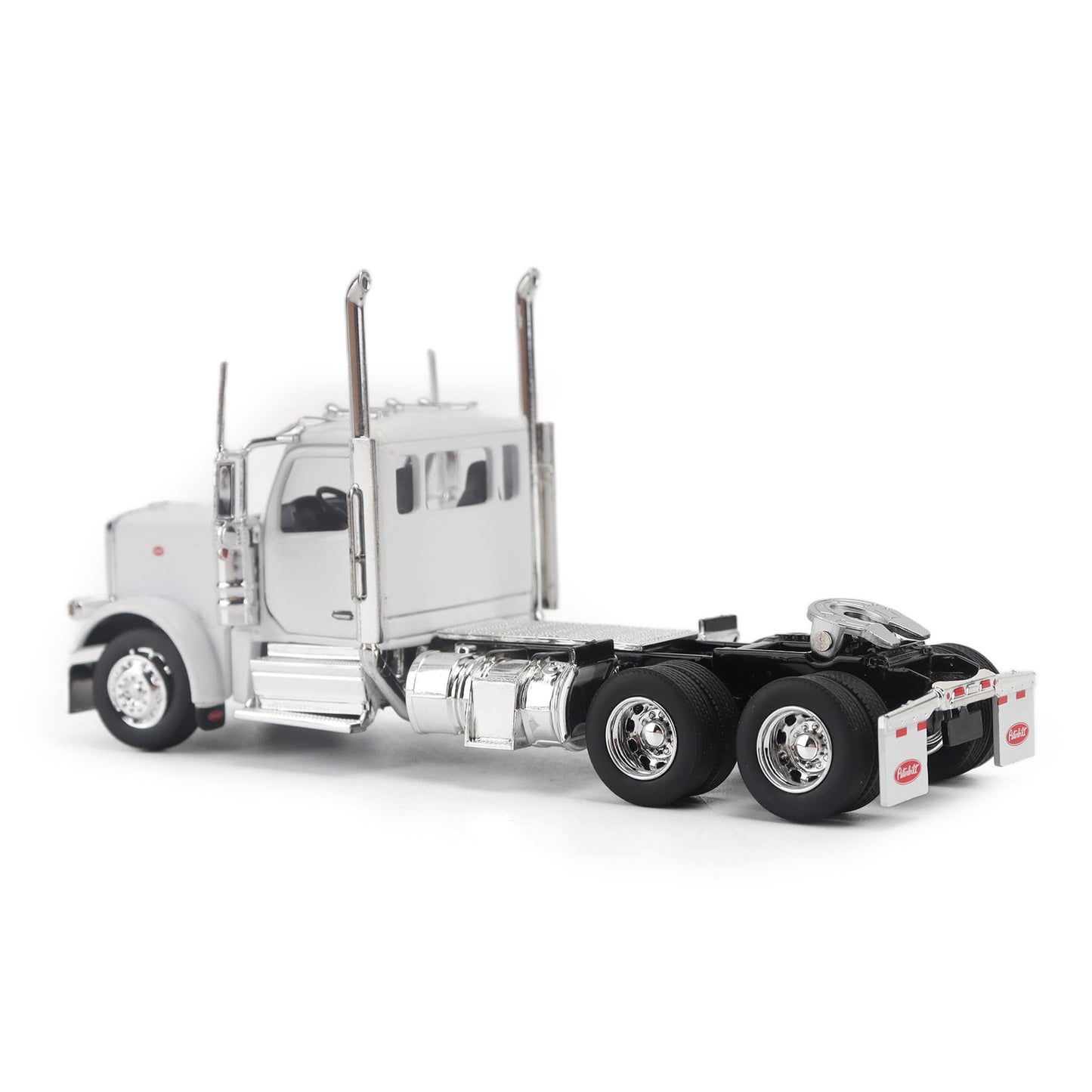 A detailed model of a classic white Peterbilt Model 589 day cab semi-truck cab with chrome exhausts, chrome wheels, and a black fuel tank and tires on a white background.