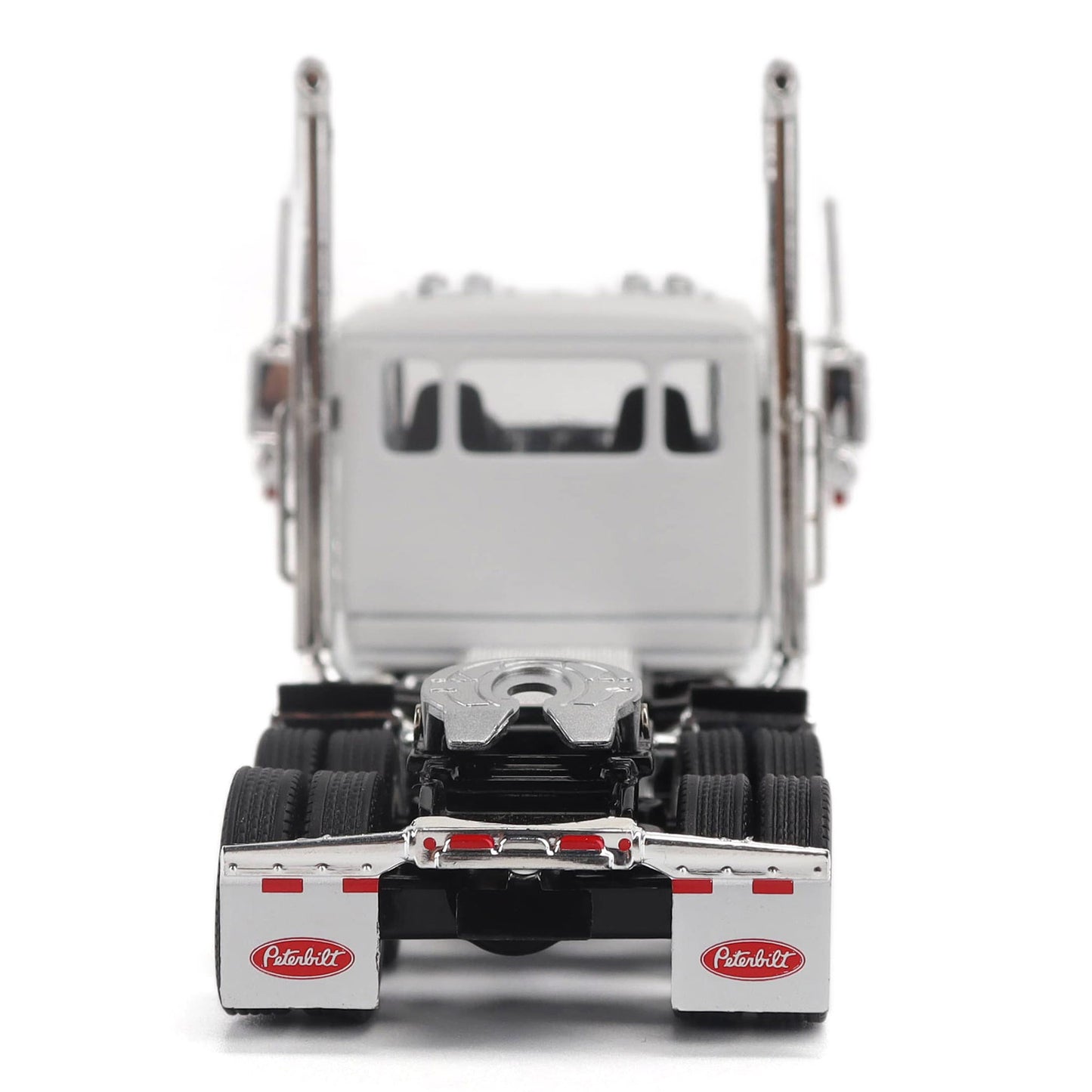 A detailed model of a classic white Peterbilt Model 589 day cab semi-truck cab with chrome exhausts, chrome wheels, and a black fuel tank and tires on a white background.