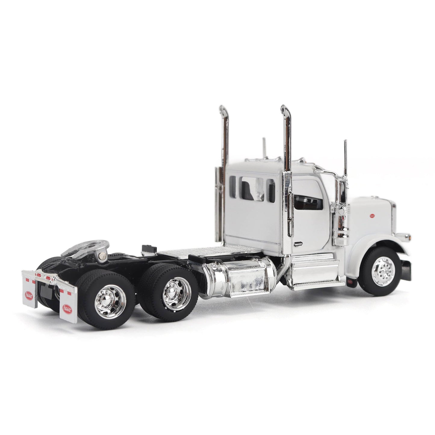 A detailed model of a classic white Peterbilt Model 589 day cab semi-truck cab with chrome exhausts, chrome wheels, and a black fuel tank and tires on a white background.