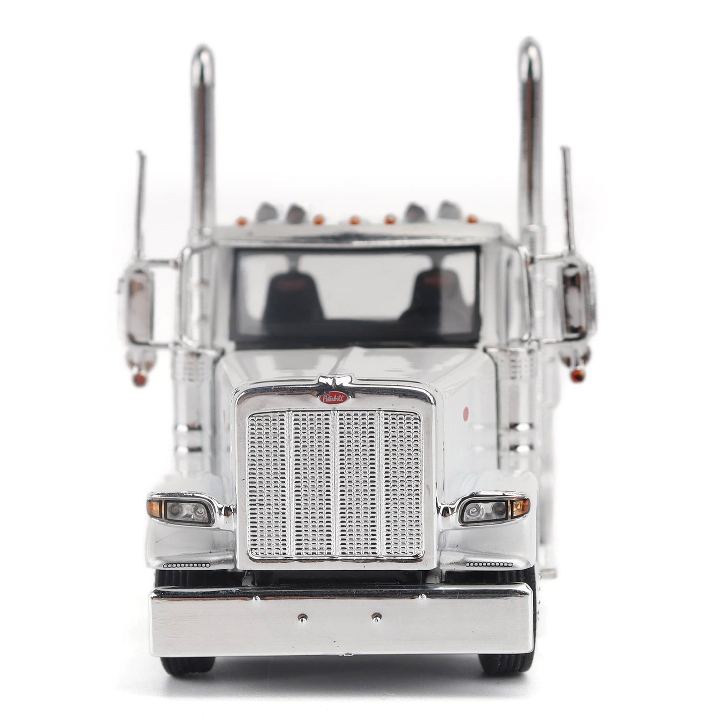 A detailed model of a classic white Peterbilt Model 589 day cab semi-truck cab with chrome exhausts, chrome wheels, and a black fuel tank and tires on a white background.
