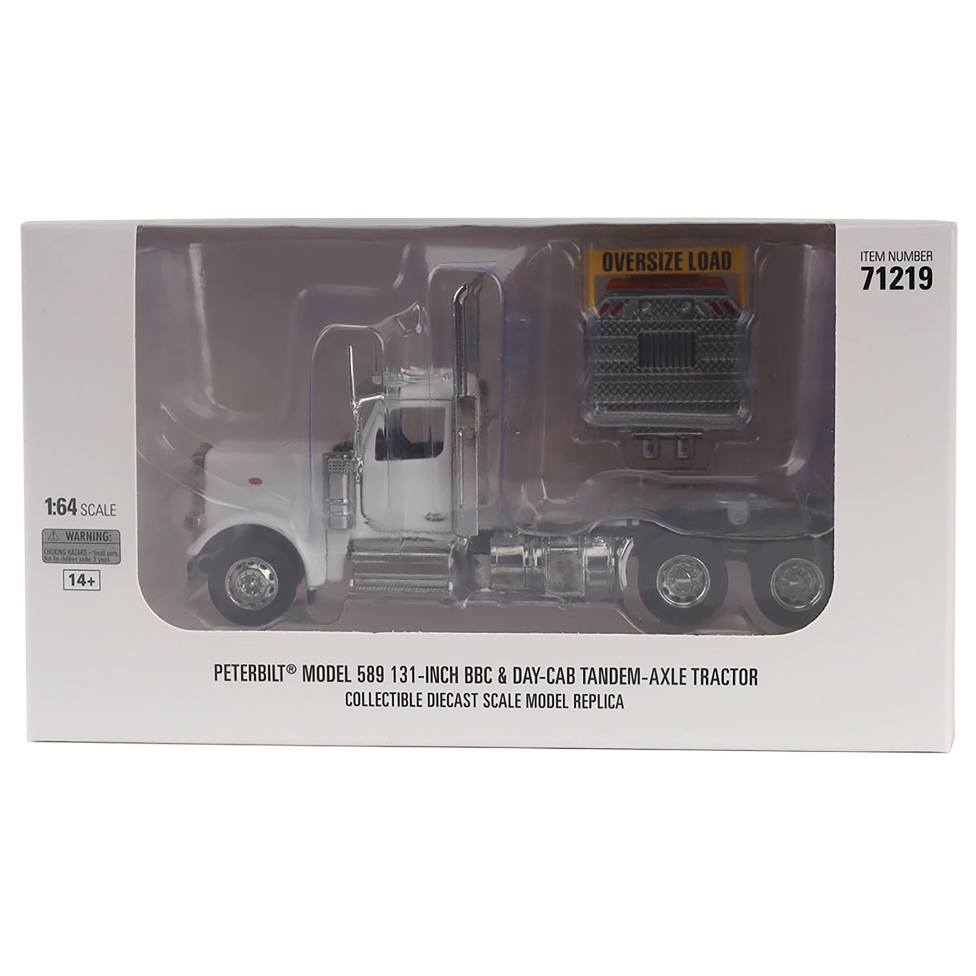 Peterbilt Model 589 131-inch BBC & Day Cab Tandem-Axle Tractor diecast scale model replica in its original white packaging box.