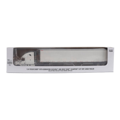 Model of a 5th Gen Freightliner Cascadia with 53' Great Dane Champion Dry Van Trailer in retail packaging on a White Background