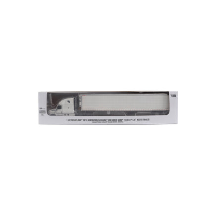 Model of a 5th Gen Freightliner Cascadia with 53' Great Dane Everest Reefer Trailer in packaging on a White Background