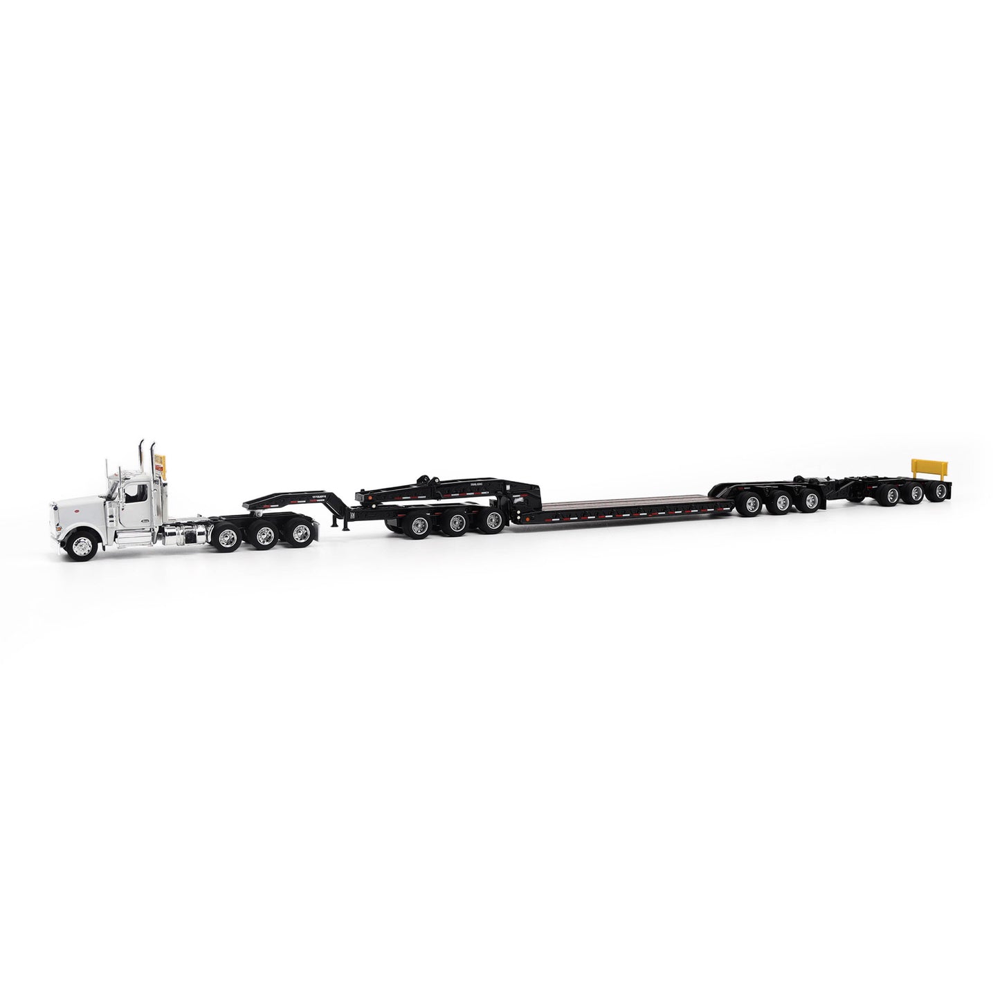 Model of a Peterbilt 589 Day Cab Pulling a Trail King TK170 RGN Trailer with Jeep and Stinger on a White Background