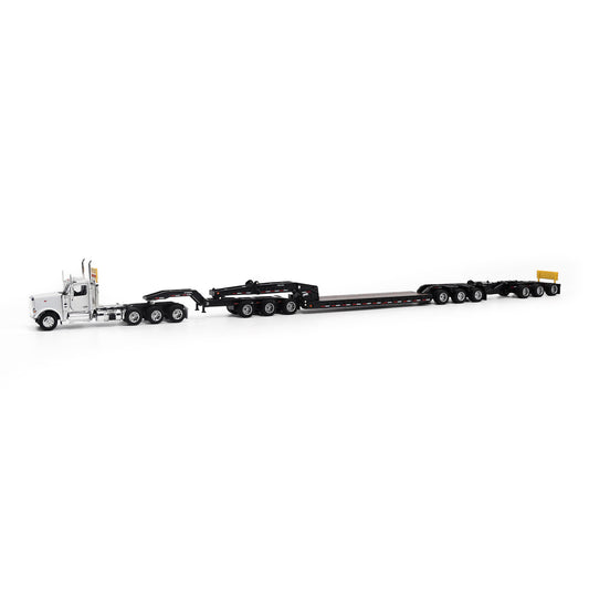 Model of a Peterbilt 589 Day Cab Pulling a Trail King TK170 RGN Trailer with Jeep and Stinger on a White Background