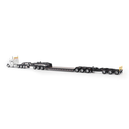 Model of a Peterbilt 589 Day Cab Pulling a Trail King TK170 RGN Trailer with Jeep and Stinger on a White Background