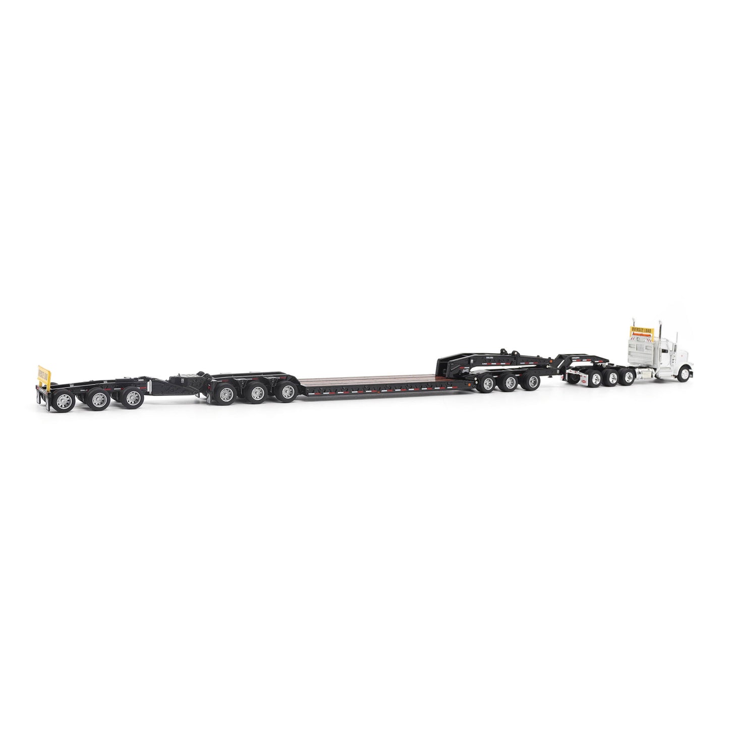 Model of a Peterbilt 589 Day Cab Pulling a Trail King TK170 RGN Trailer with Jeep and Stinger on a White Background