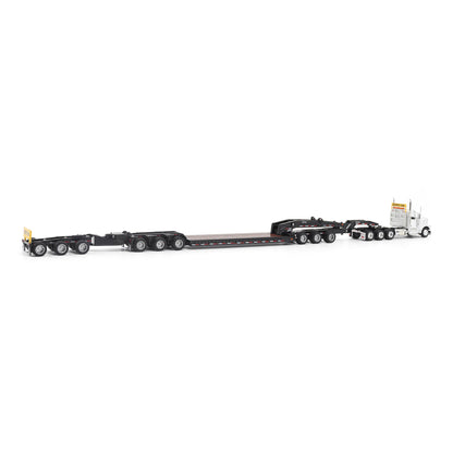 Model of a Peterbilt 589 Day Cab Pulling a Trail King TK170 RGN Trailer with Jeep and Stinger on a White Background