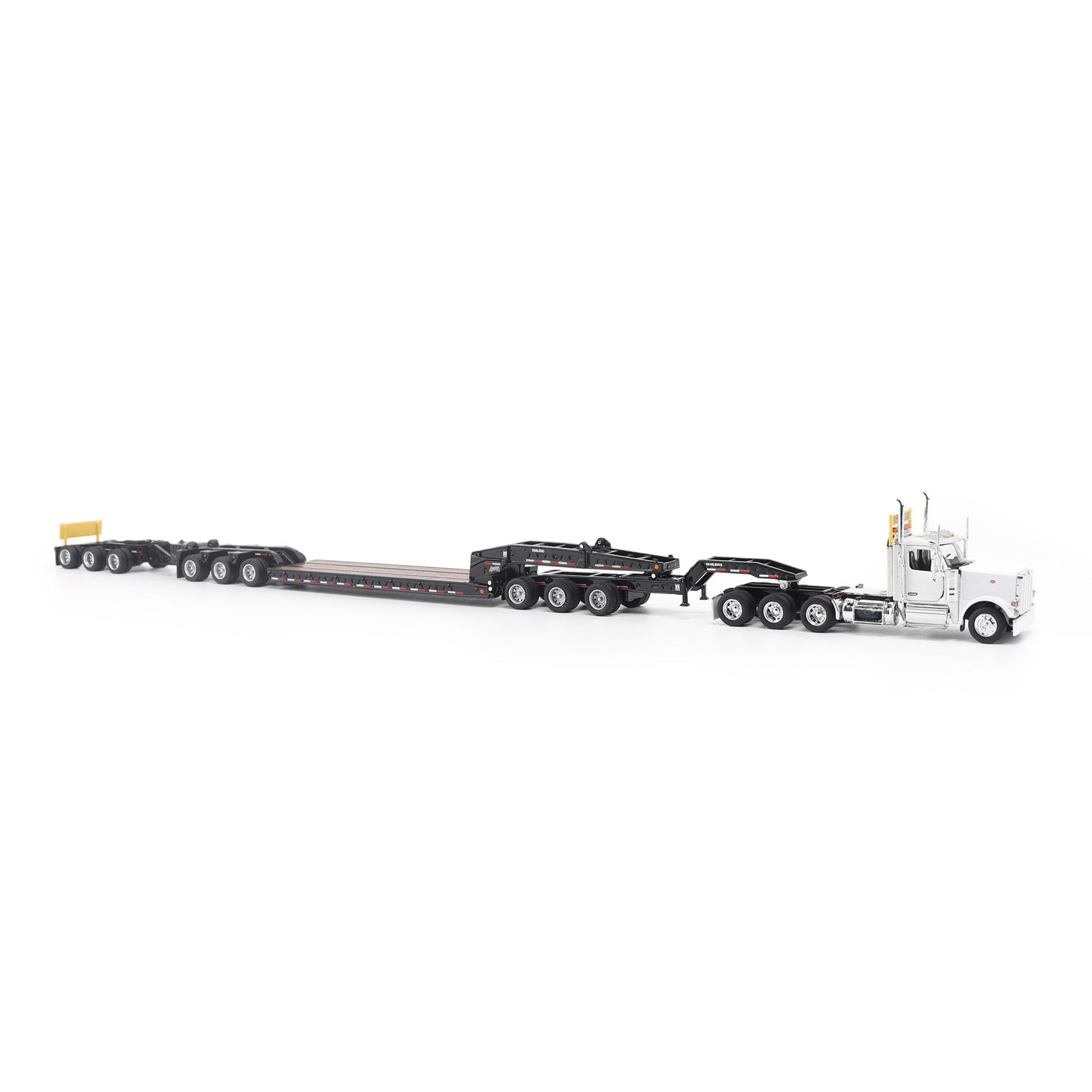 Model of a Peterbilt 589 Day Cab Pulling a Trail King TK170 RGN Trailer with Jeep and Stinger on a White Background